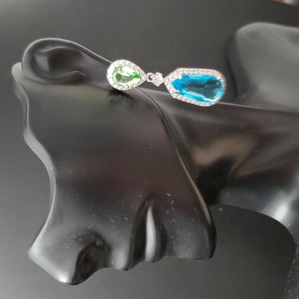 Sterling Silver 925 Aquamarine Peridot Dangle Earrings - Picture 4 of 12